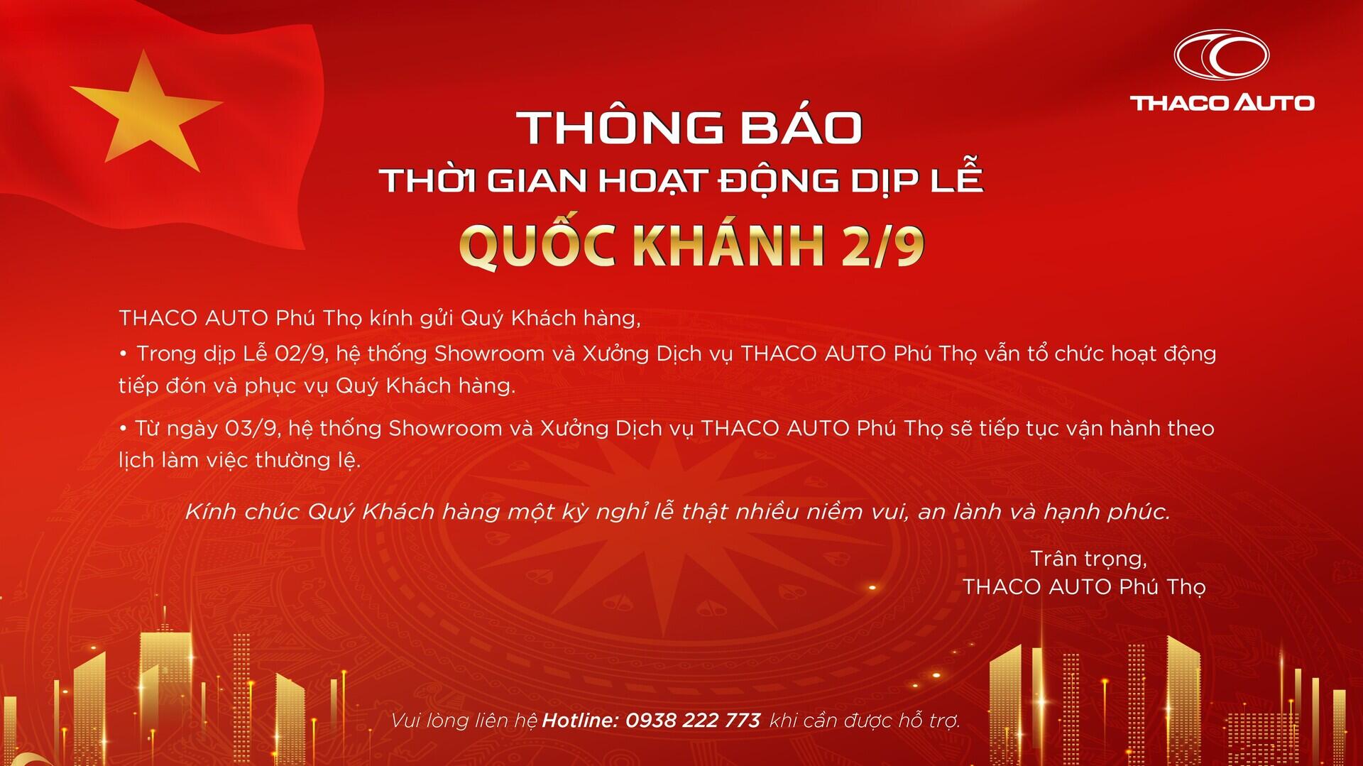 THÔNG BÁO THỜI GIAN HOẠT ĐỘNG DỊP LỄ QUỐC KHÁNH 2/9